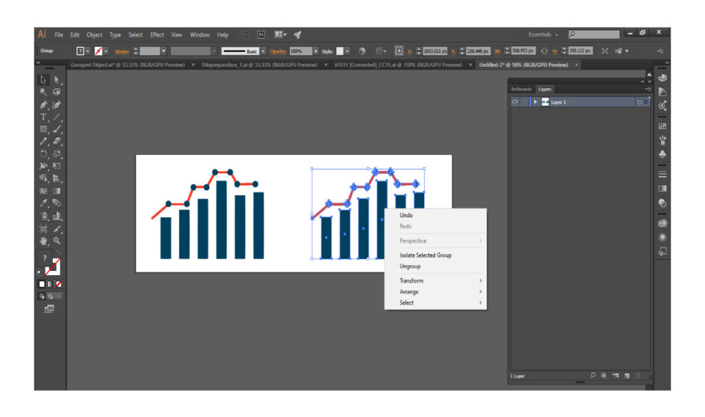 Separating grouped elements within adobe illustrator before using command release to sequence 
