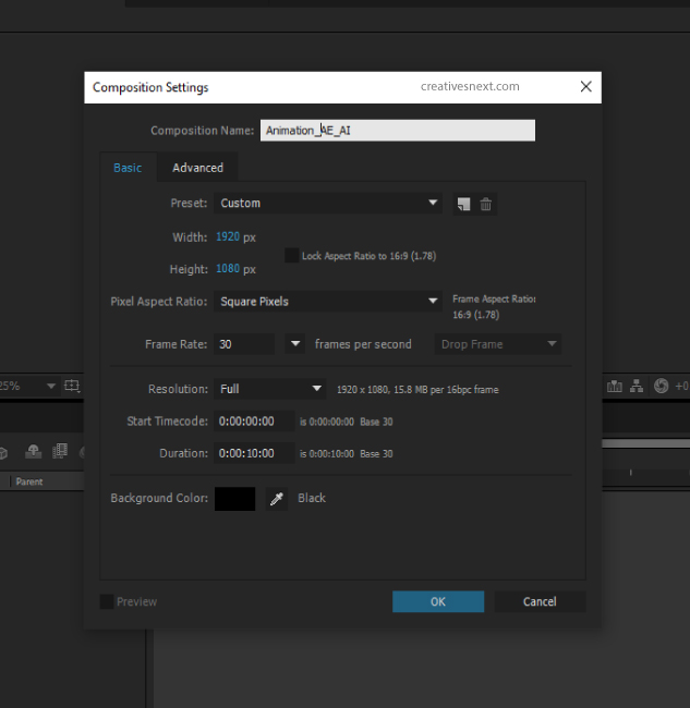 Image showing creating a composition in after effects