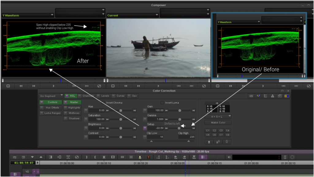 Screenshot showing Set up slider adjusted move black level to 16 with Avid color correction tools