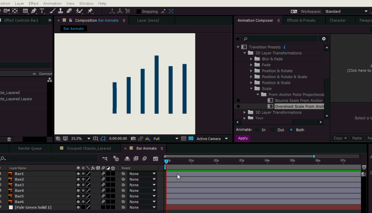 GIF showing how to create animation inside after effects on a row of bars