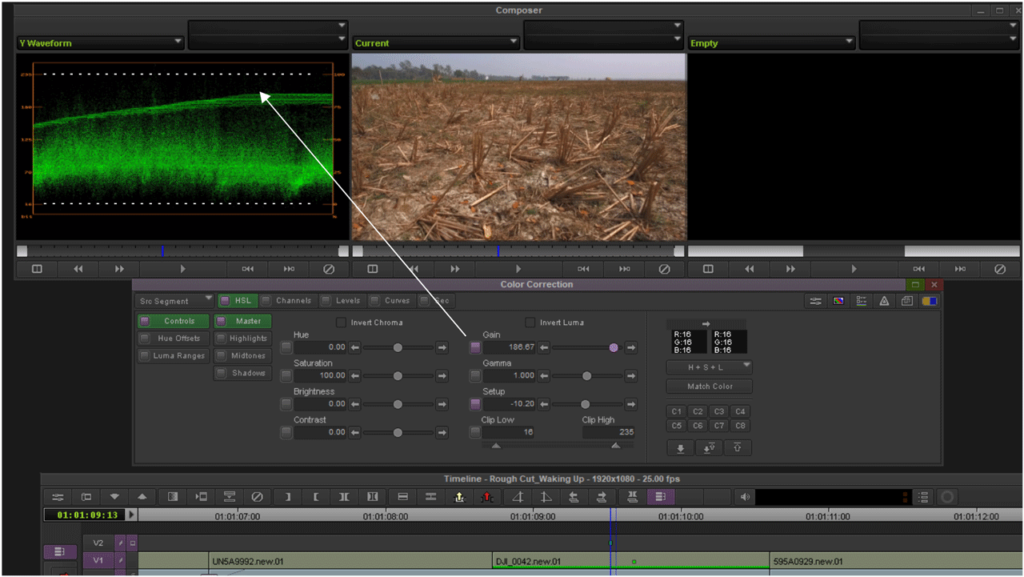 Using Gain control to enhance video white during color correction in Avid