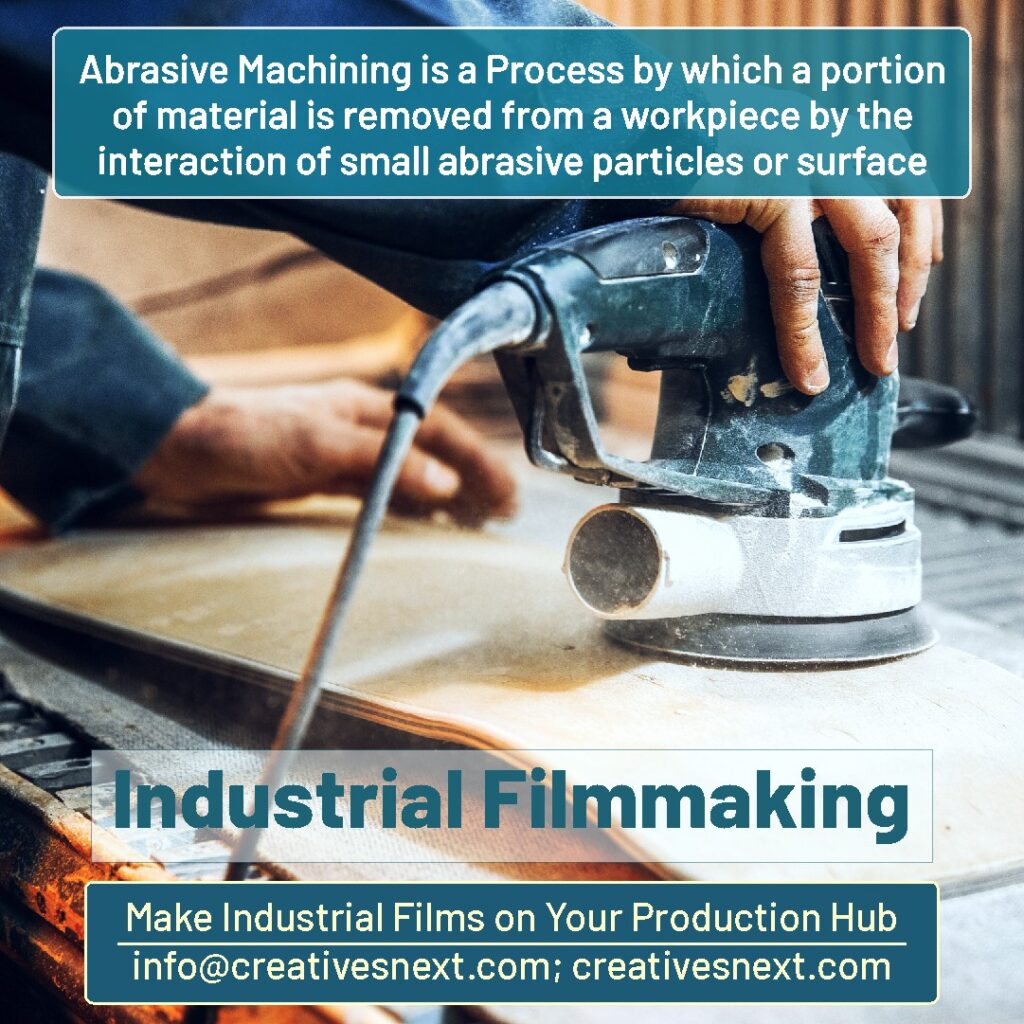 image of a call to action for industrial filmmaking on a abrasive operation inside a workshop